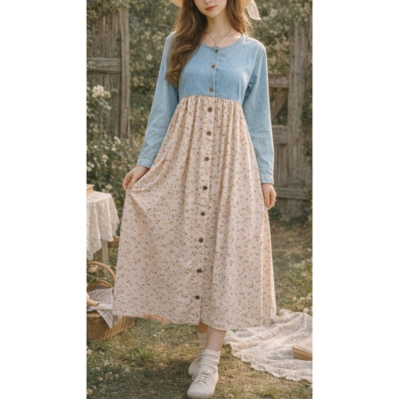 Express Dresses & Skirts - Vtg 90s Express Prairie Dress Denim Bodice Floral Maxi Cottagecore Coquette M